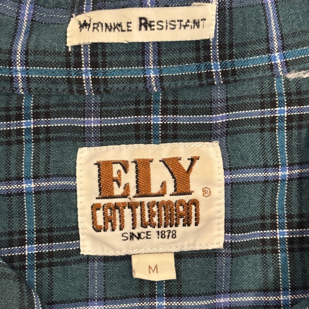 Ely Cattleman Western Pearl Snap Shirt Mens M Teal Blue Plaid Wrinkle Resistant - Picture 2 of 10